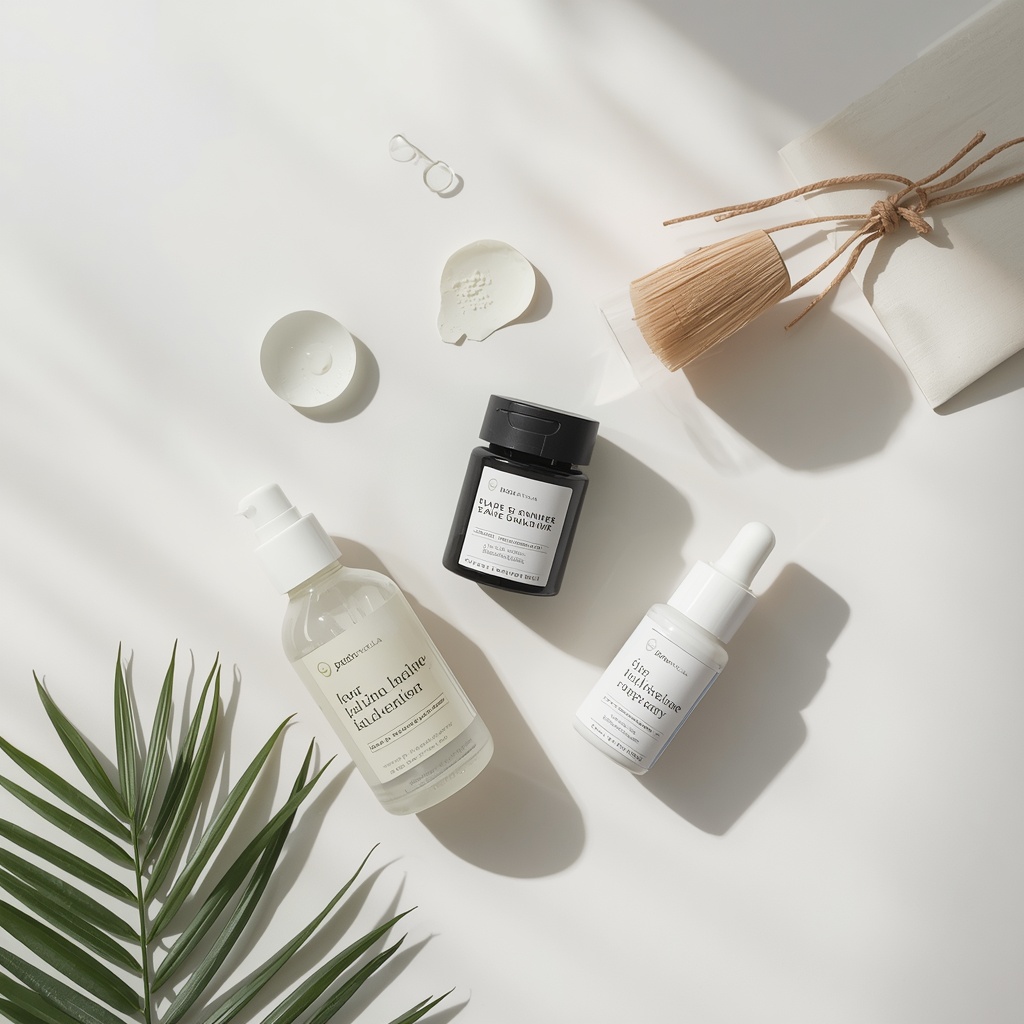 Gentle wellness and personal-care products in a soft editorial flat lay